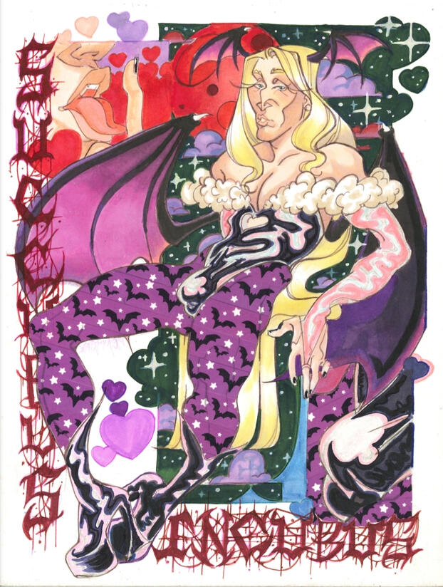 Skwisgaar Cosplaying as Morrigan (Minimalist, Dethklok × Darstalkers)